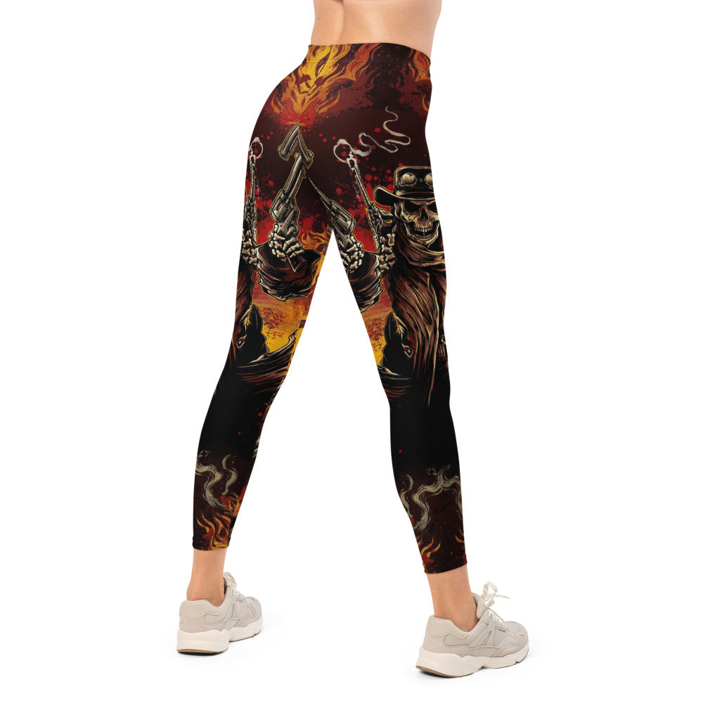 Personalisierte Damen Sportleggings Cowboy Totenkopf Design Revolver Feuer Schwarz Rot Fitness Leggings M525
