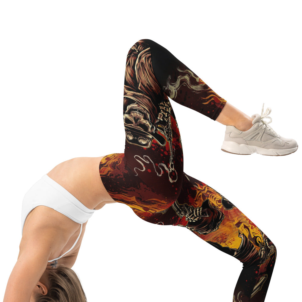 Personalisierte Damen Sportleggings Cowboy Totenkopf Design Revolver Feuer Schwarz Rot Fitness Leggings M525