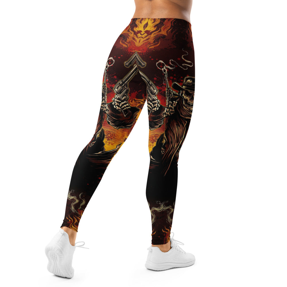 Personalisierte Damen Sportleggings Cowboy Totenkopf Design Revolver Feuer Schwarz Rot Fitness Leggings M525