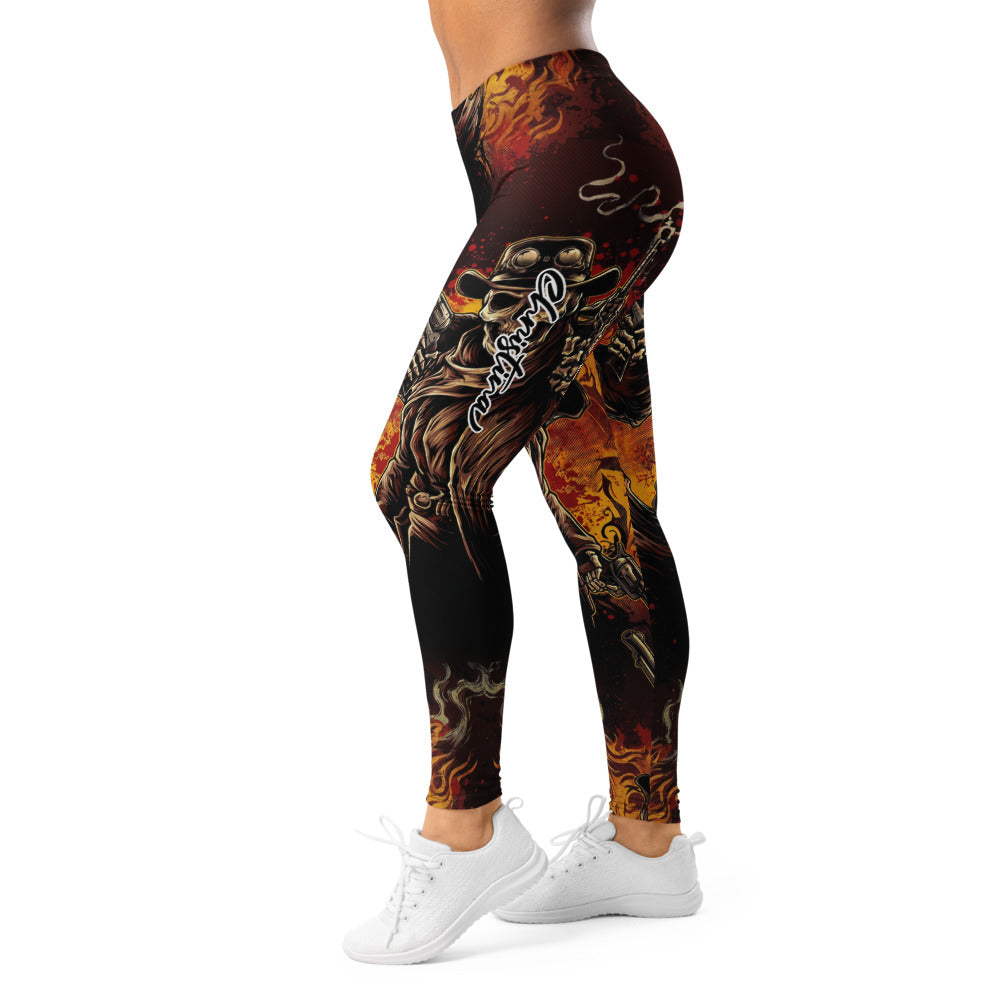 Personalisierte Damen Sportleggings Cowboy Totenkopf Design Revolver Feuer Schwarz Rot Fitness Leggings M525