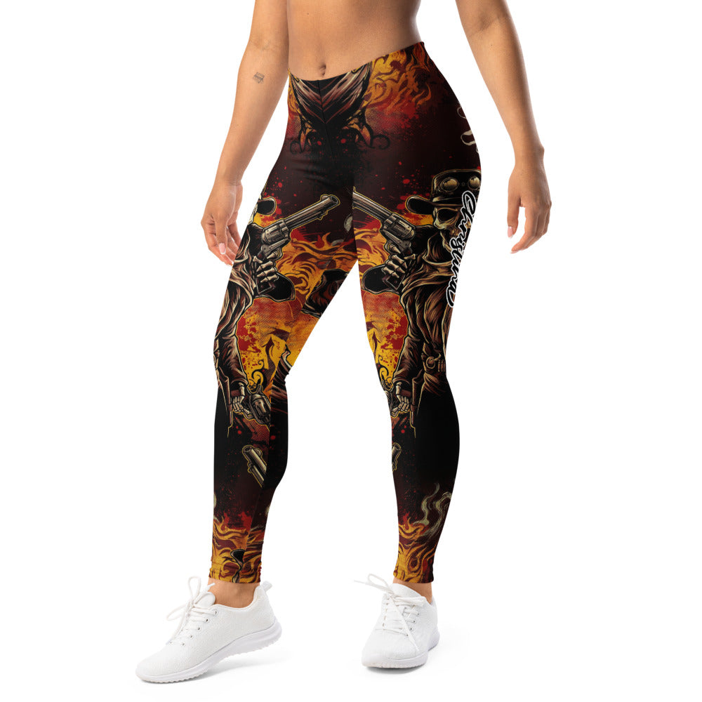 Personalisierte Damen Sportleggings Cowboy Totenkopf Design Revolver Feuer Schwarz Rot Fitness Leggings M525