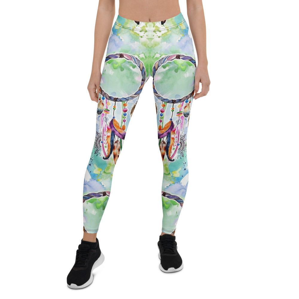 Personalisierte Damen Sportleggings Traumfänger Motiv Türkis Bunt Yoga Fitness Leggings Aquarell Optik C656