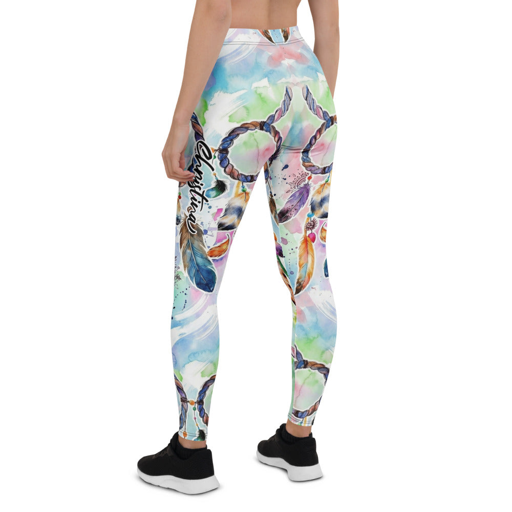Personalisierte Damen Sportleggings Traumfänger Motiv Türkis Bunt Yoga Fitness Leggings Aquarell Optik C656