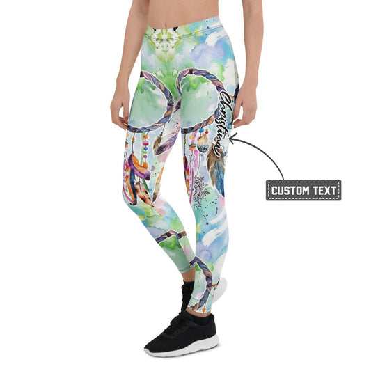 Personalisierte Damen Sportleggings Traumfänger Motiv Türkis Bunt Yoga Fitness Leggings Aquarell Optik C656 - XL