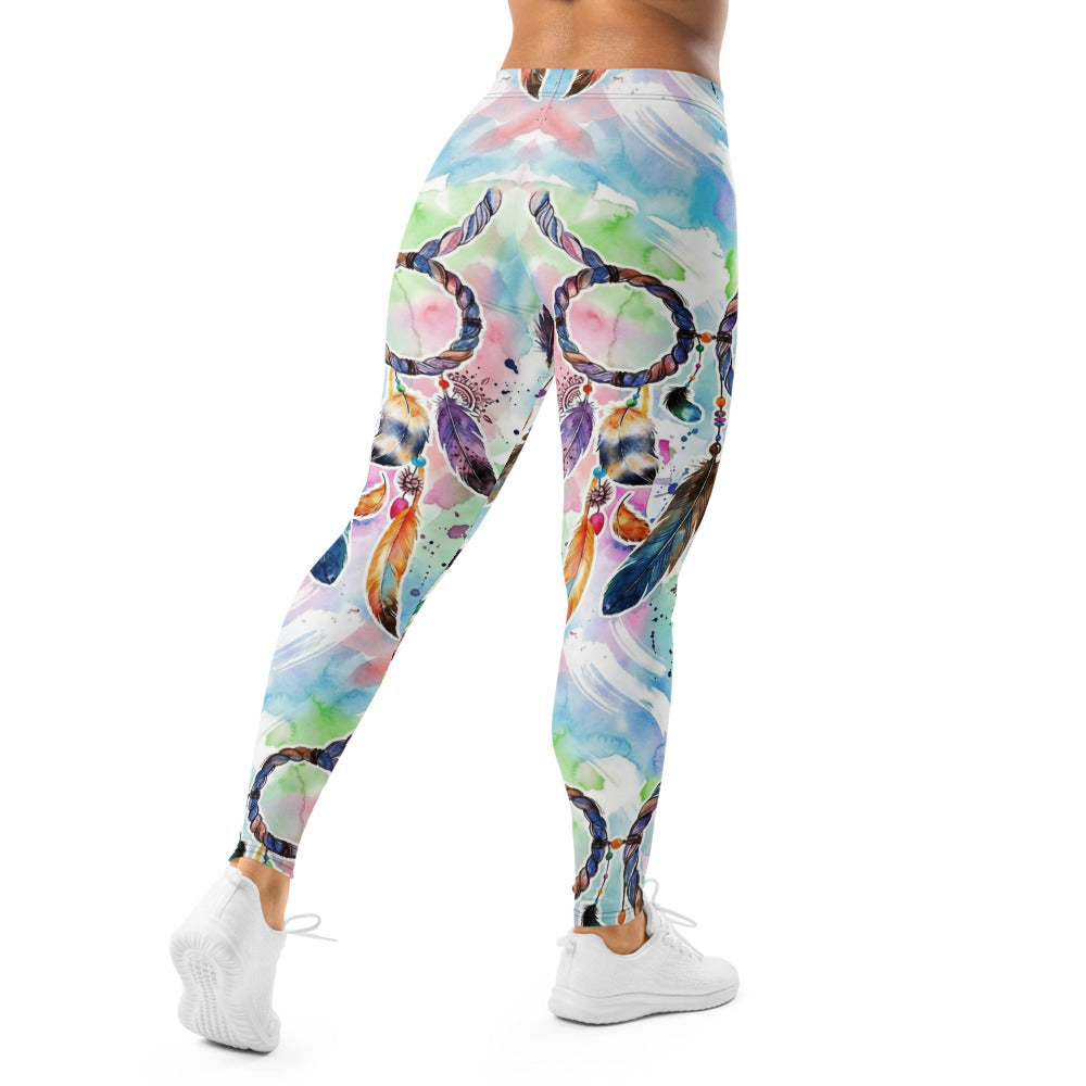 Personalisierte Damen Sportleggings Traumfänger Motiv Türkis Bunt Yoga Fitness Leggings Aquarell Optik C656