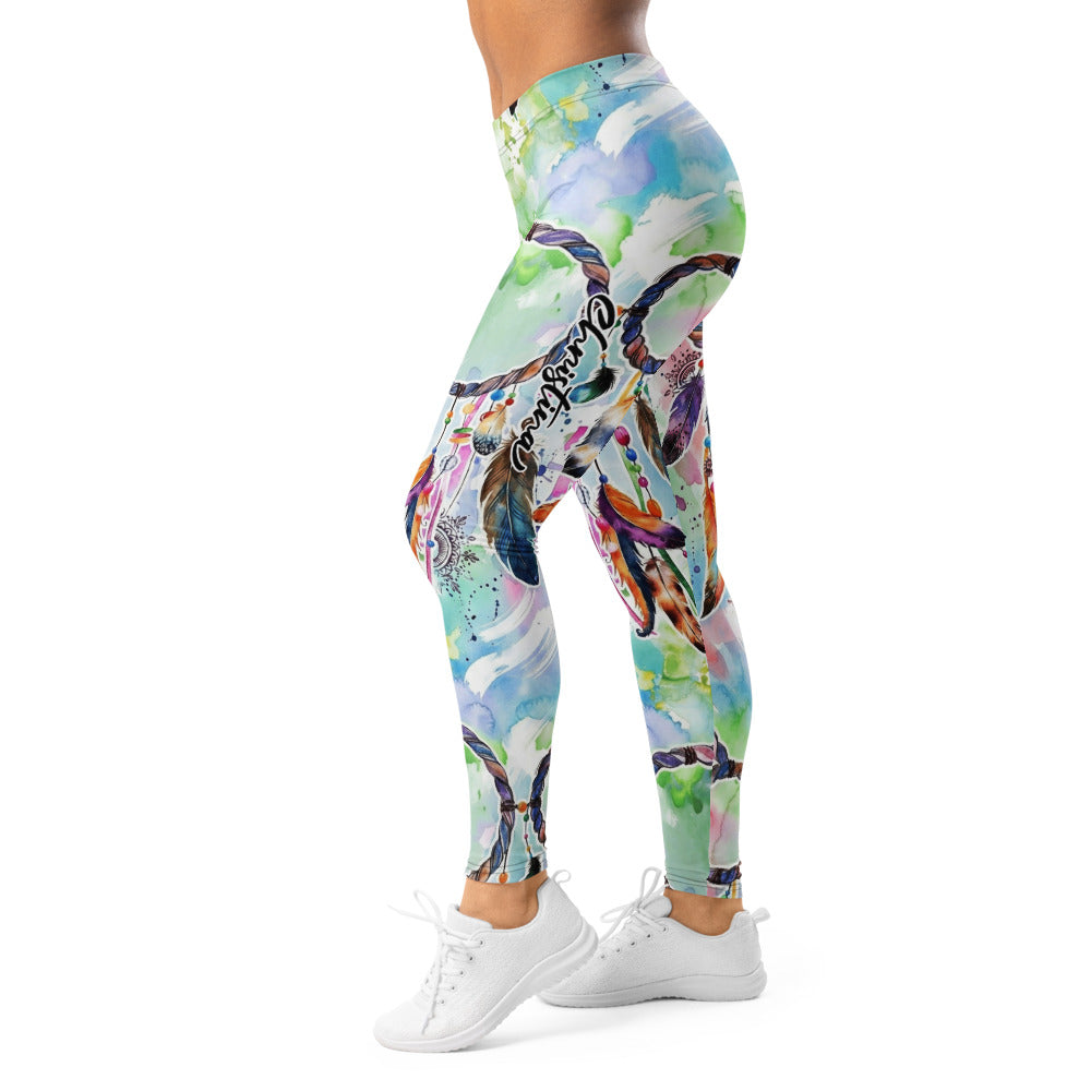 Personalisierte Damen Sportleggings Traumfänger Motiv Türkis Bunt Yoga Fitness Leggings Aquarell Optik C656
