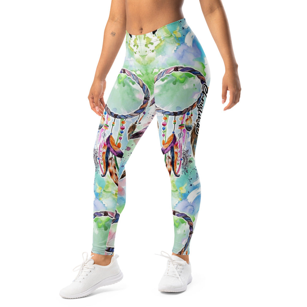 Personalisierte Damen Sportleggings Traumfänger Motiv Türkis Bunt Yoga Fitness Leggings Aquarell Optik C656
