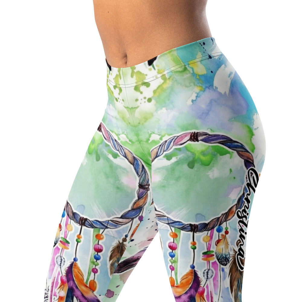 Personalisierte Damen Sportleggings Traumfänger Motiv Türkis Bunt Yoga Fitness Leggings Aquarell Optik C656