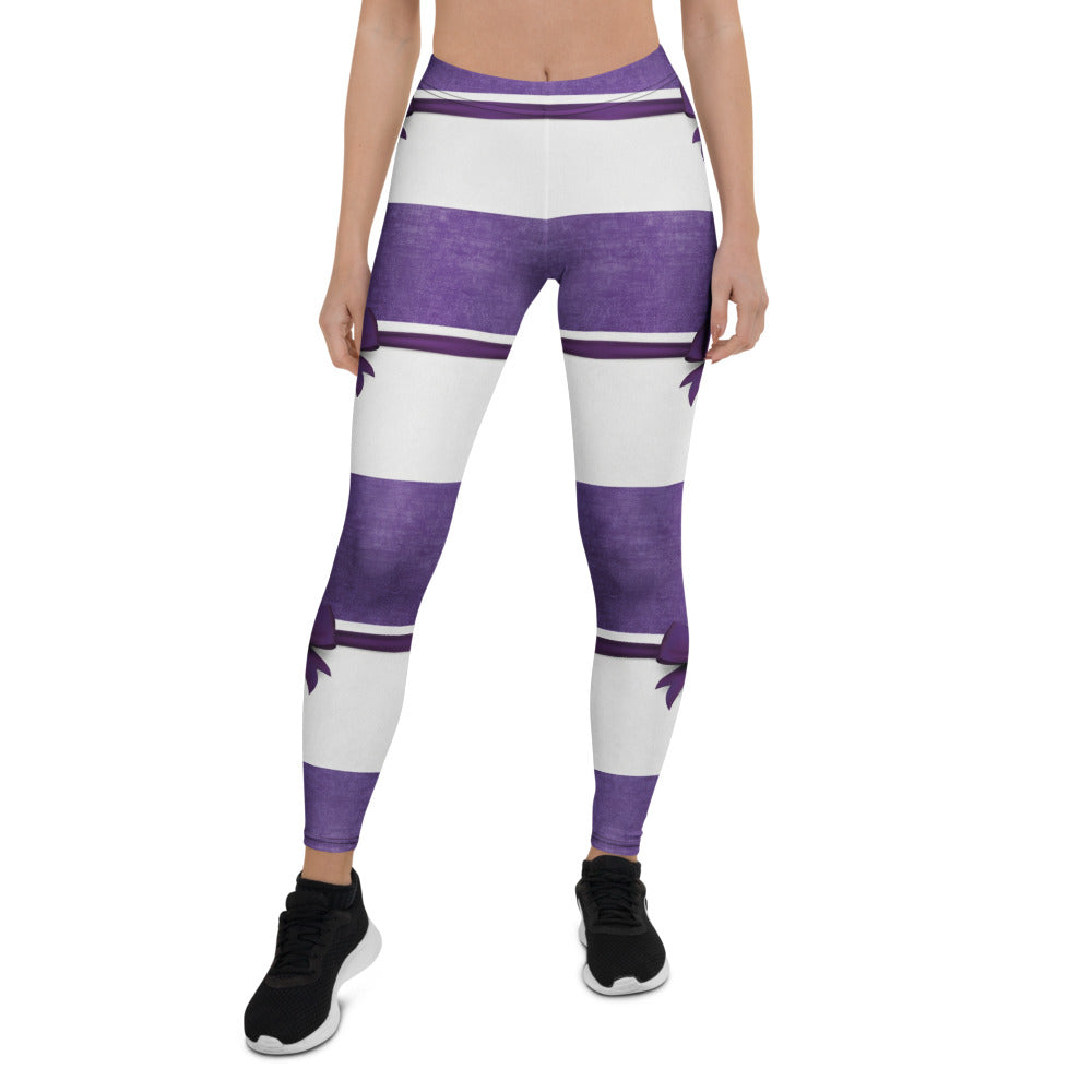 Personalisierte Damen Sportleggings Gestreift Lila Weiß Fitness Leggings mit Schleifen-Design Yoga Hose J131