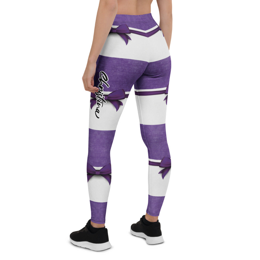 Personalisierte Damen Sportleggings Gestreift Lila Weiß Fitness Leggings mit Schleifen-Design Yoga Hose J131