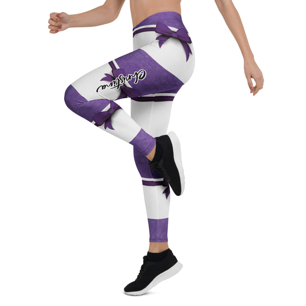 Personalisierte Damen Sportleggings Gestreift Lila Weiß Fitness Leggings mit Schleifen-Design Yoga Hose J131