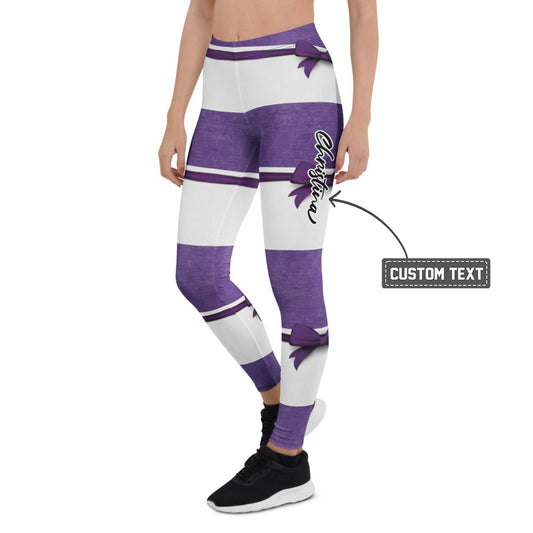 Personalisierte Damen Sportleggings Gestreift Lila Weiß Fitness Leggings mit Schleifen-Design Yoga Hose J131 - XL