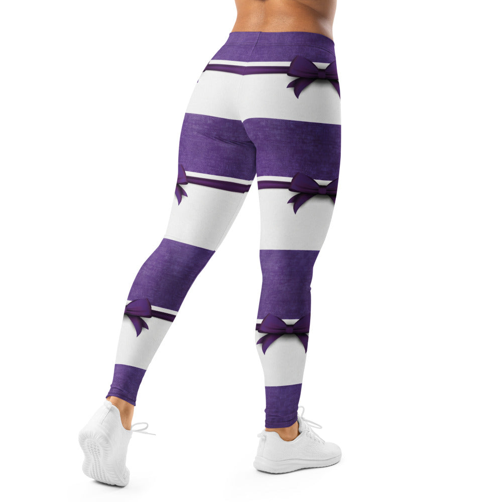 Personalisierte Damen Sportleggings Gestreift Lila Weiß Fitness Leggings mit Schleifen-Design Yoga Hose J131