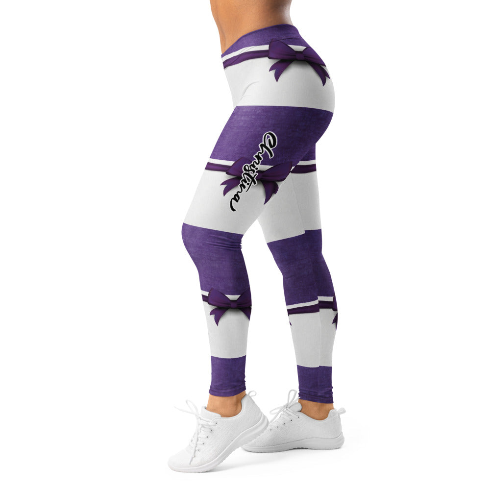 Personalisierte Damen Sportleggings Gestreift Lila Weiß Fitness Leggings mit Schleifen-Design Yoga Hose J131