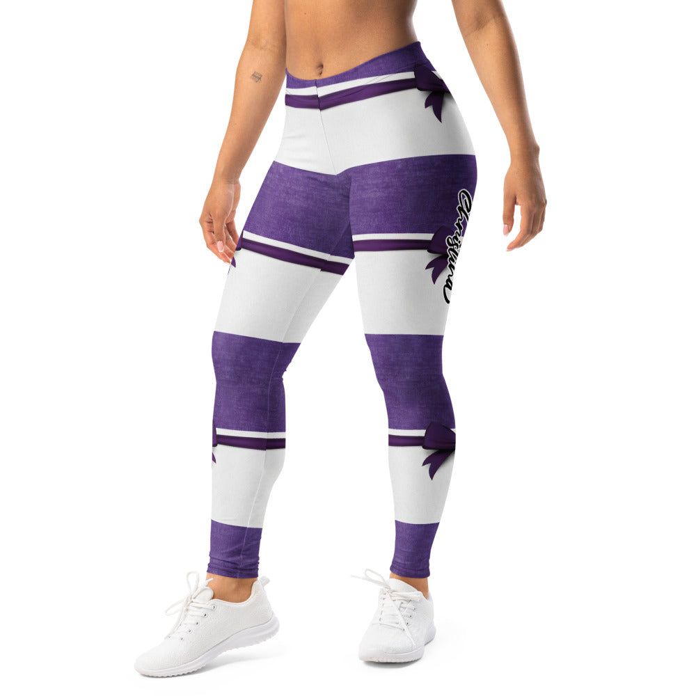 Personalisierte Damen Sportleggings Gestreift Lila Weiß Fitness Leggings mit Schleifen-Design Yoga Hose J131