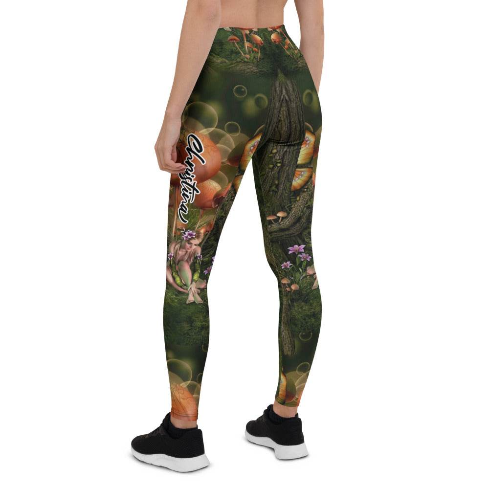 Personalisierte Damen Sportleggings Fantasy Wald Motiv Pilze Moos Grün Natur Fitness Leggings L887