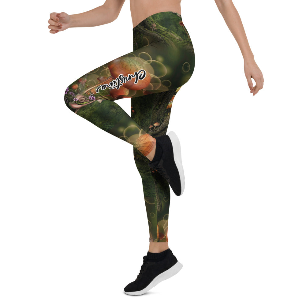 Personalisierte Damen Sportleggings Fantasy Wald Motiv Pilze Moos Grün Natur Fitness Leggings L887