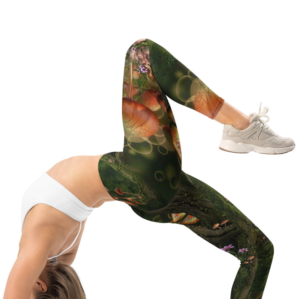 Personalisierte Damen Sportleggings Fantasy Wald Motiv Pilze Moos Grün Natur Fitness Leggings L887