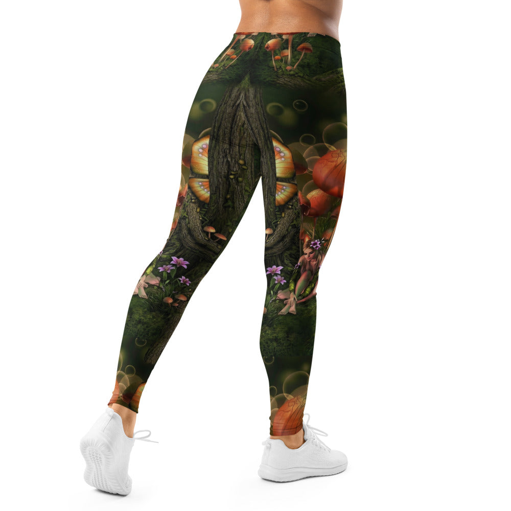 Personalisierte Damen Sportleggings Fantasy Wald Motiv Pilze Moos Grün Natur Fitness Leggings L887