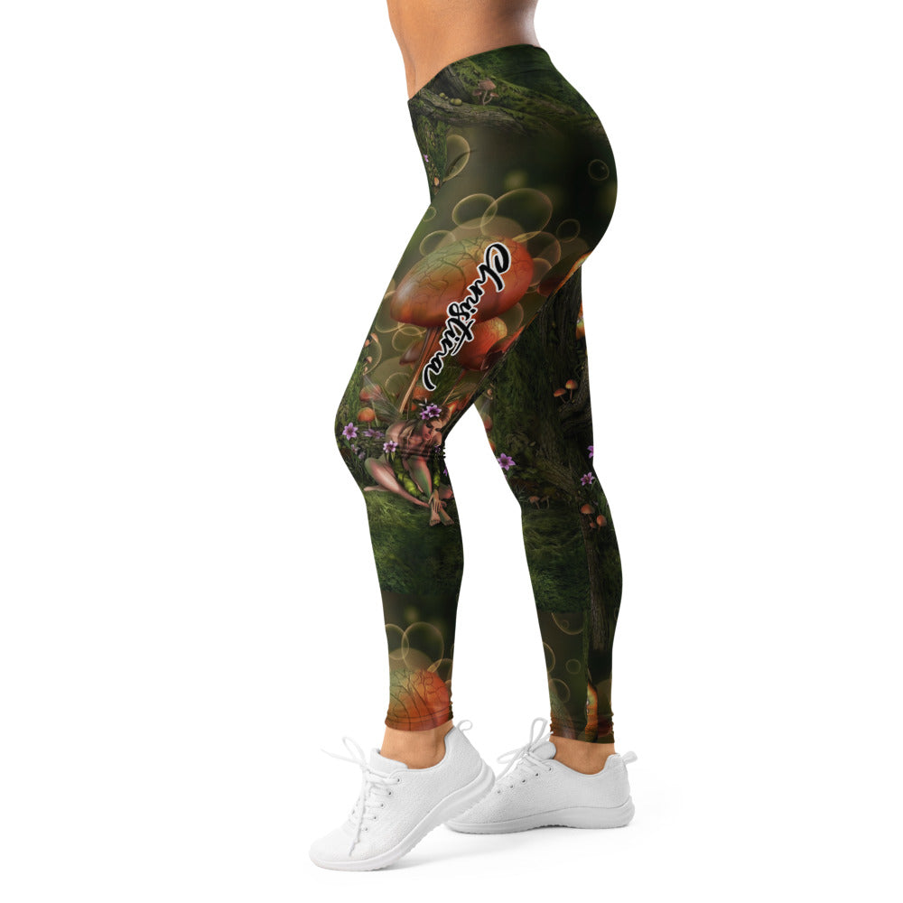 Personalisierte Damen Sportleggings Fantasy Wald Motiv Pilze Moos Grün Natur Fitness Leggings L887