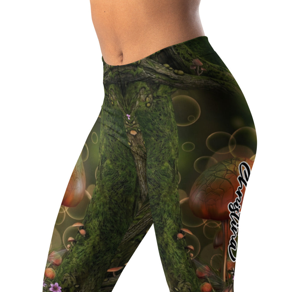Personalisierte Damen Sportleggings Fantasy Wald Motiv Pilze Moos Grün Natur Fitness Leggings L887