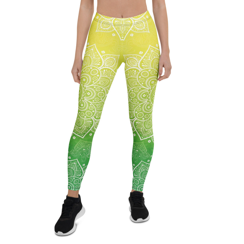Personalisierte Damen Sportleggings Mandala Muster Gelb Grün Farbverlauf Yoga Fitness Leggings J525