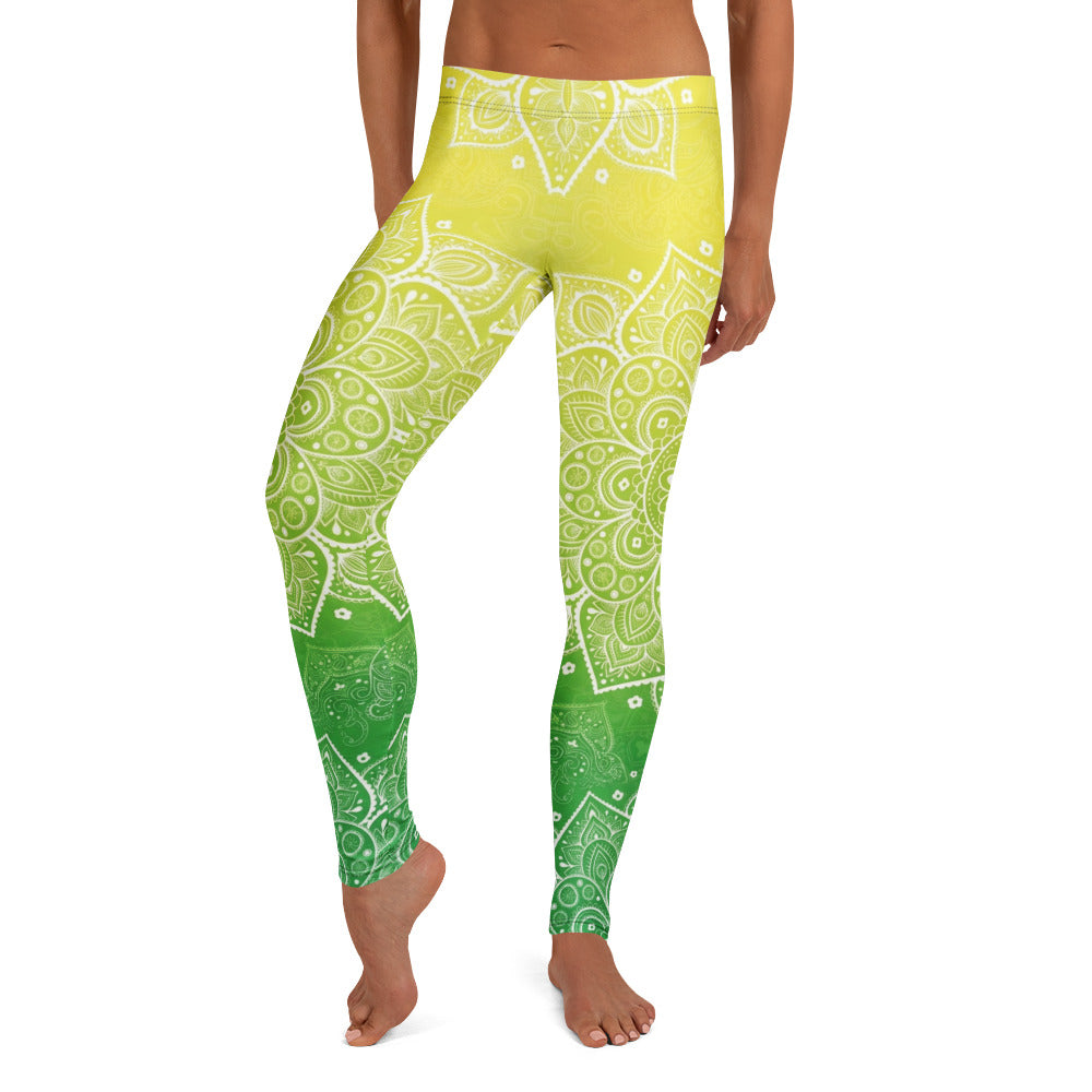 Personalisierte Damen Sportleggings Mandala Muster Gelb Grün Farbverlauf Yoga Fitness Leggings J525