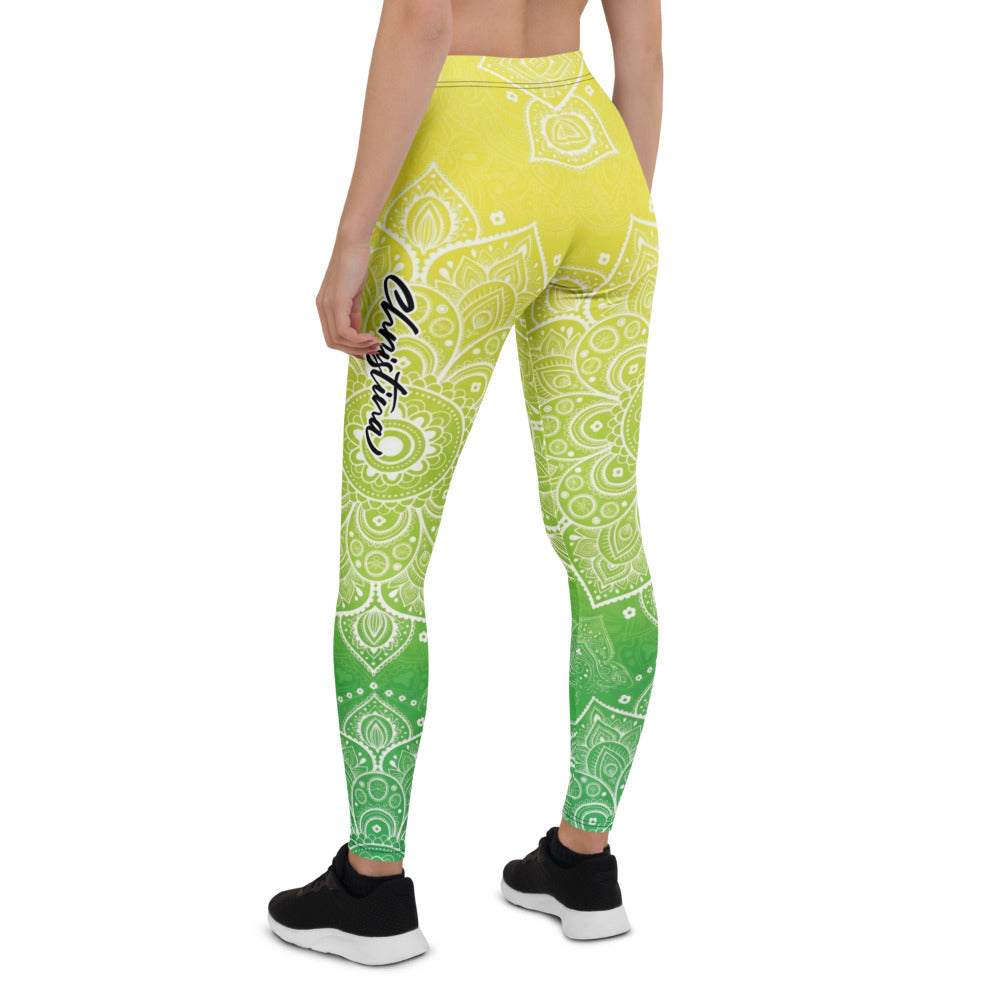 Personalisierte Damen Sportleggings Mandala Muster Gelb Grün Farbverlauf Yoga Fitness Leggings J525