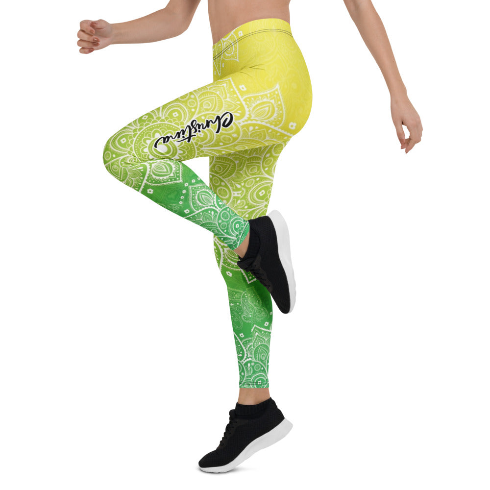 Personalisierte Damen Sportleggings Mandala Muster Gelb Grün Farbverlauf Yoga Fitness Leggings J525