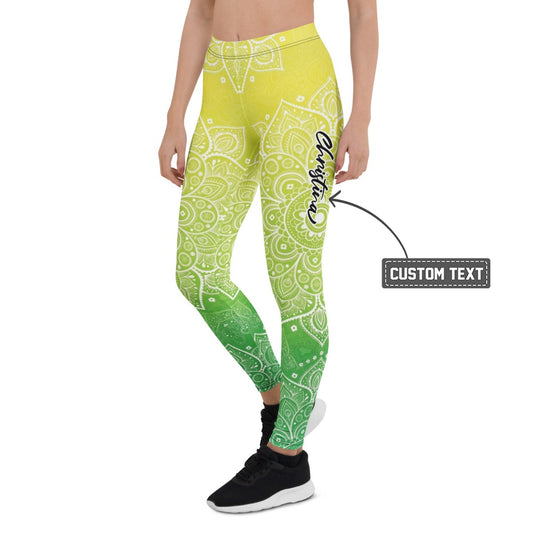 Personalisierte Damen Sportleggings Mandala Muster Gelb Grün Farbverlauf Yoga Fitness Leggings J525 - XL