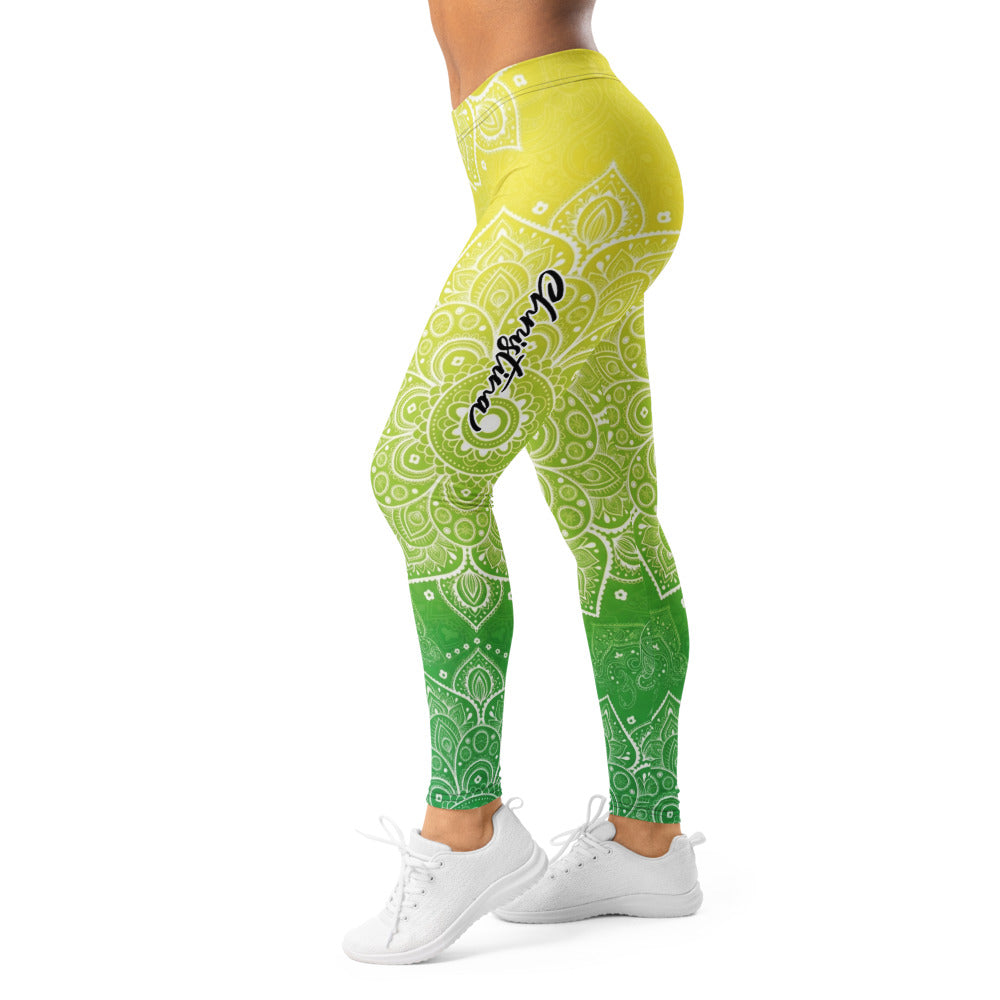 Personalisierte Damen Sportleggings Mandala Muster Gelb Grün Farbverlauf Yoga Fitness Leggings J525