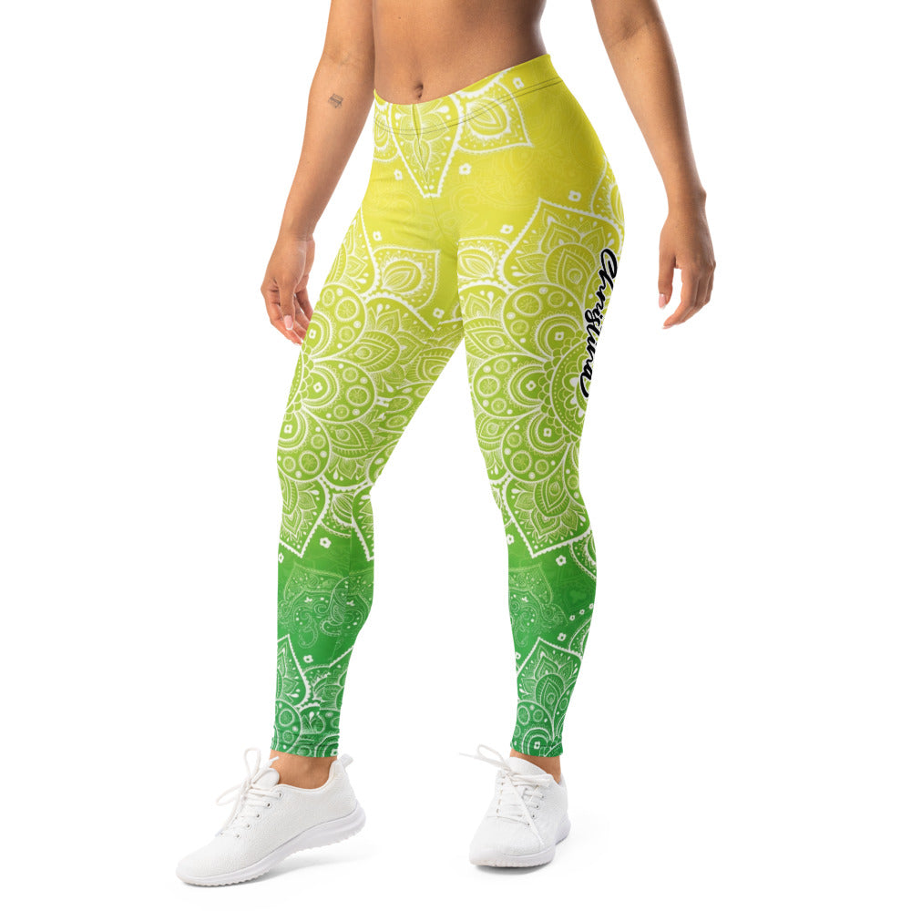 Personalisierte Damen Sportleggings Mandala Muster Gelb Grün Farbverlauf Yoga Fitness Leggings J525