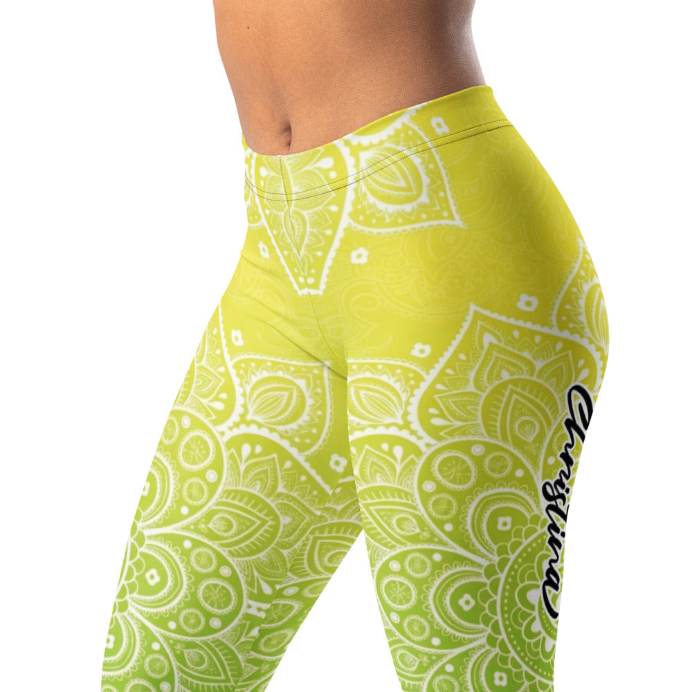 Personalisierte Damen Sportleggings Mandala Muster Gelb Grün Farbverlauf Yoga Fitness Leggings J525