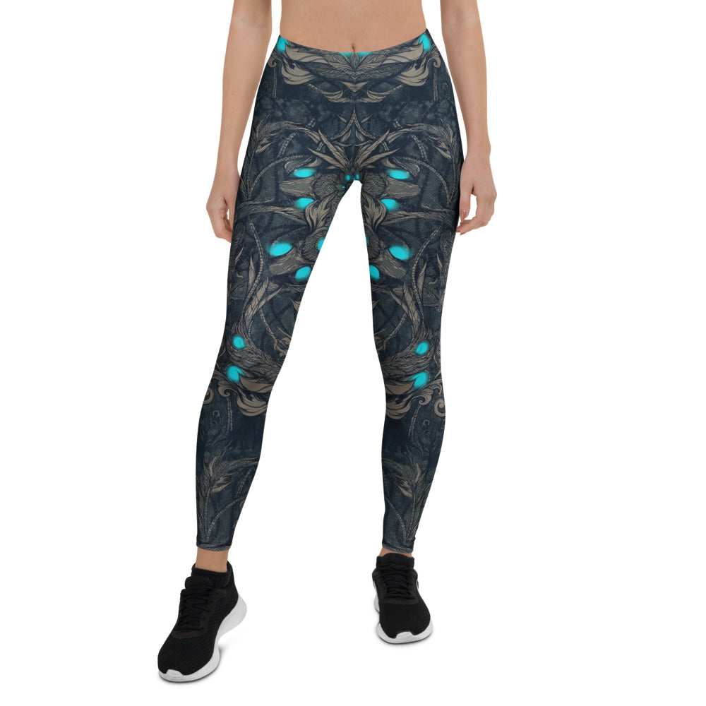 Personalisierte Damen Sportleggings Fantasy Design Schwarz Türkis Fitness Leggings Yoga Hose Bedruckt A910