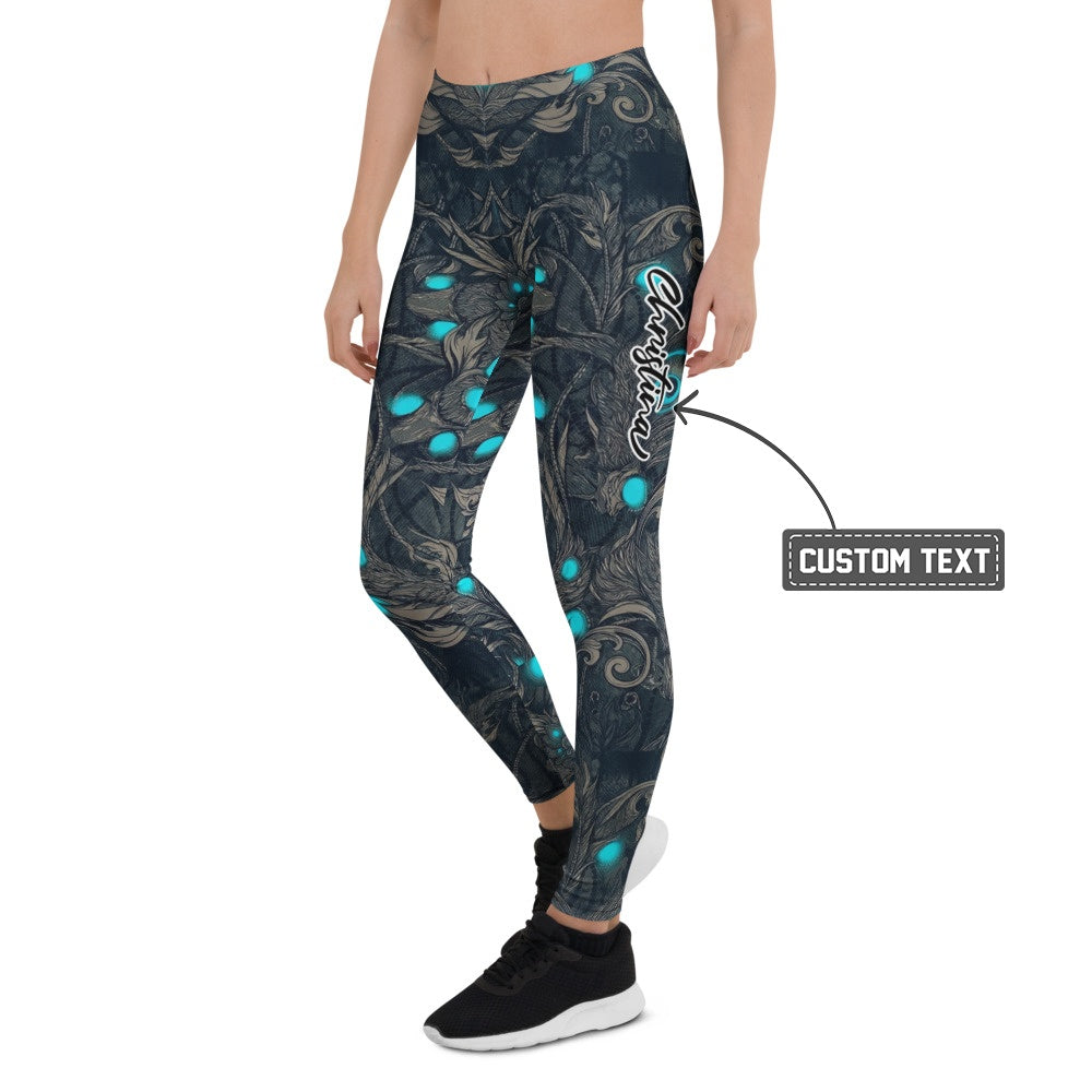 Personalisierte Damen Sportleggings Fantasy Design Schwarz Türkis Fitness Leggings Yoga Hose Bedruckt A910 - XL