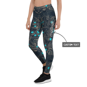 Personalisierte Damen Sportleggings Fantasy Design Schwarz Türkis Fitness Leggings Yoga Hose Bedruckt A910 - XL