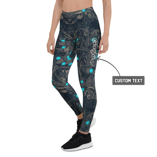 Personalisierte Damen Sportleggings Fantasy Design Schwarz Türkis Fitness Leggings Yoga Hose Bedruckt A910 - XL