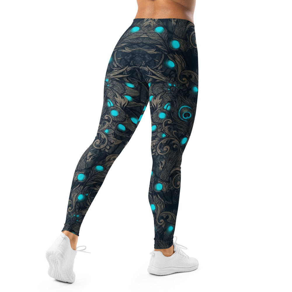 Personalisierte Damen Sportleggings Fantasy Design Schwarz Türkis Fitness Leggings Yoga Hose Bedruckt A910