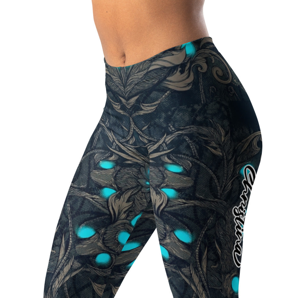 Personalisierte Damen Sportleggings Fantasy Design Schwarz Türkis Fitness Leggings Yoga Hose Bedruckt A910