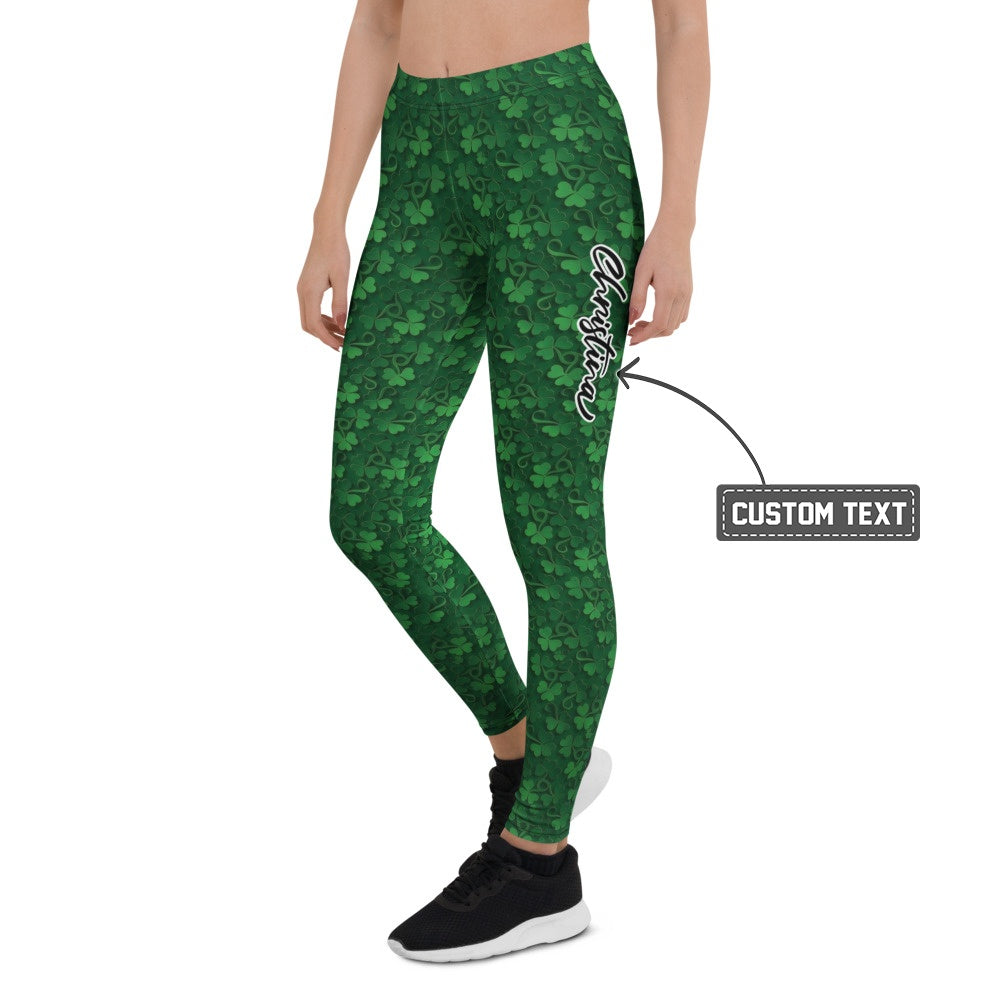 Personalisierte Damen Sportleggings Kleeblatt Muster Grün St. Patrick's Day Fitness Yoga Leggings J950 - XL
