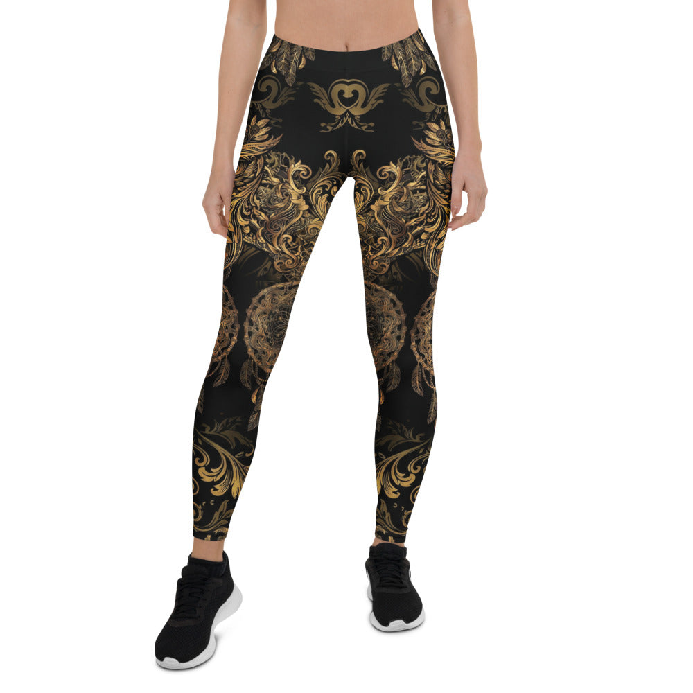 Personalisierte Damen Sportleggings Schwarz Gold Ornament Design Fitness Yoga Leggings Traumfänger Muster U603