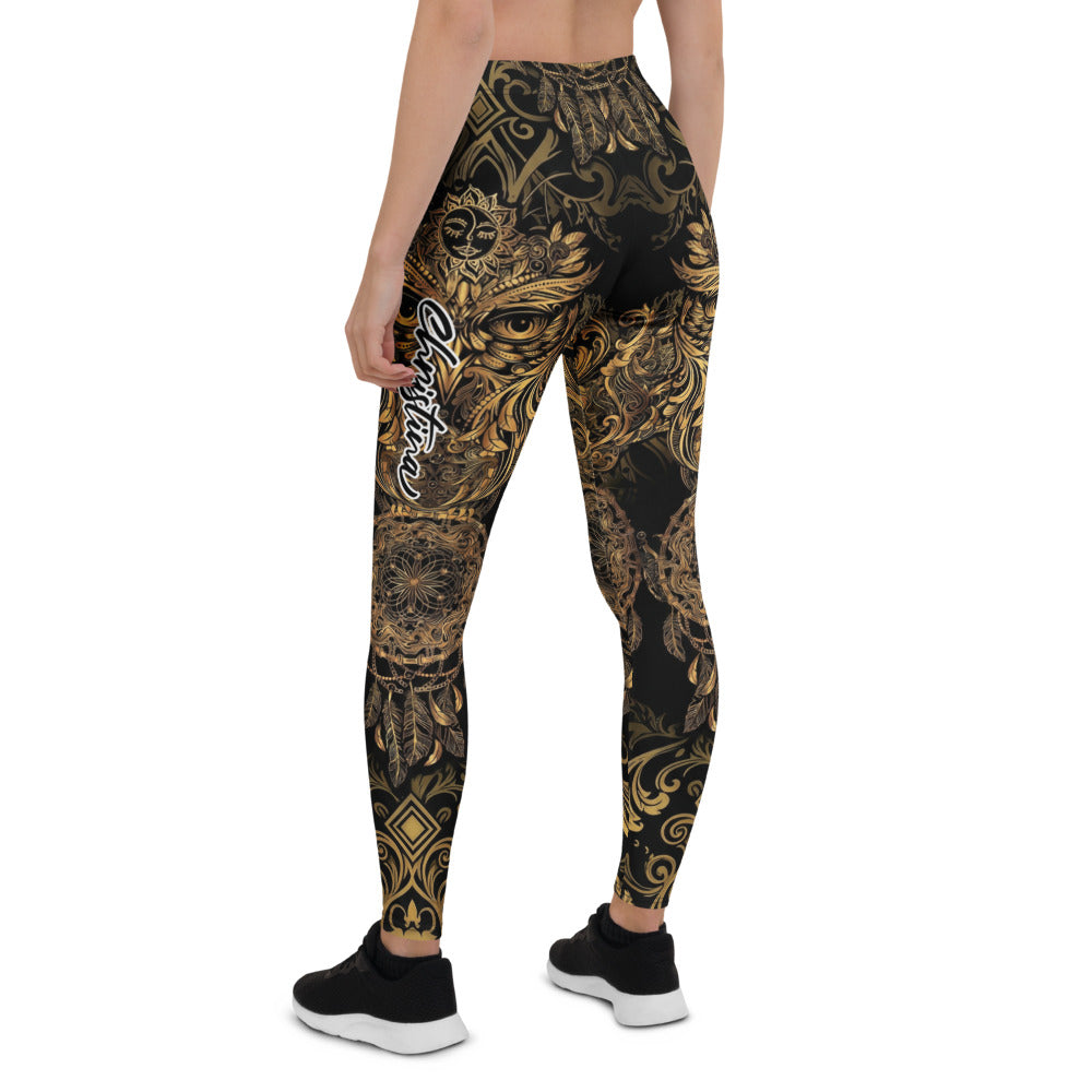 Personalisierte Damen Sportleggings Schwarz Gold Ornament Design Fitness Yoga Leggings Traumfänger Muster U603