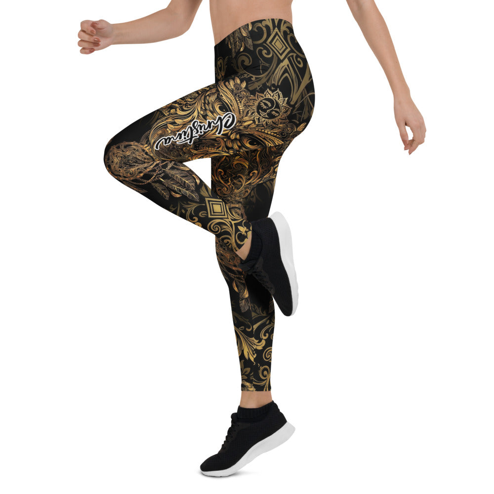 Personalisierte Damen Sportleggings Schwarz Gold Ornament Design Fitness Yoga Leggings Traumfänger Muster U603