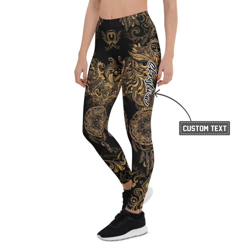 Personalisierte Damen Sportleggings Schwarz Gold Ornament Design Fitness Yoga Leggings Traumfänger Muster U603 - XL
