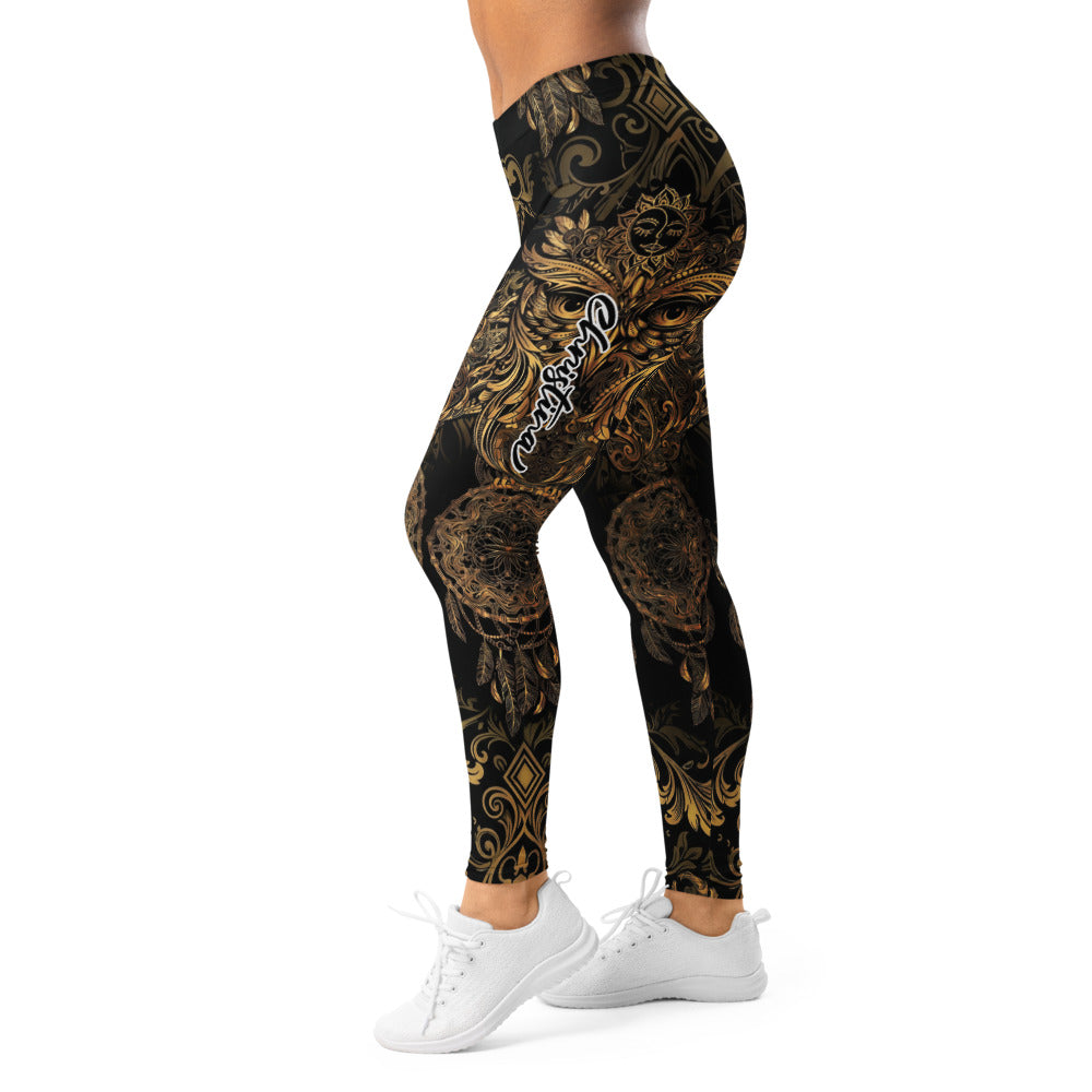 Personalisierte Damen Sportleggings Schwarz Gold Ornament Design Fitness Yoga Leggings Traumfänger Muster U603