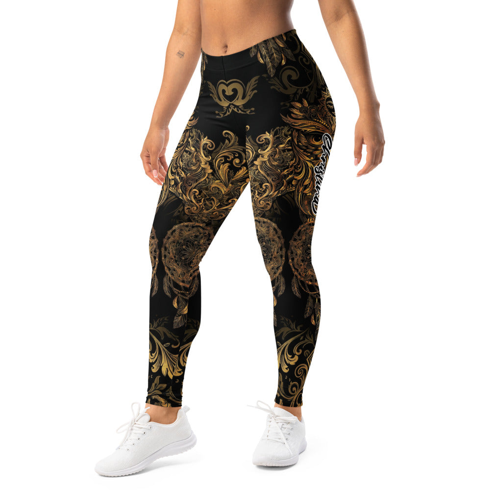 Personalisierte Damen Sportleggings Schwarz Gold Ornament Design Fitness Yoga Leggings Traumfänger Muster U603