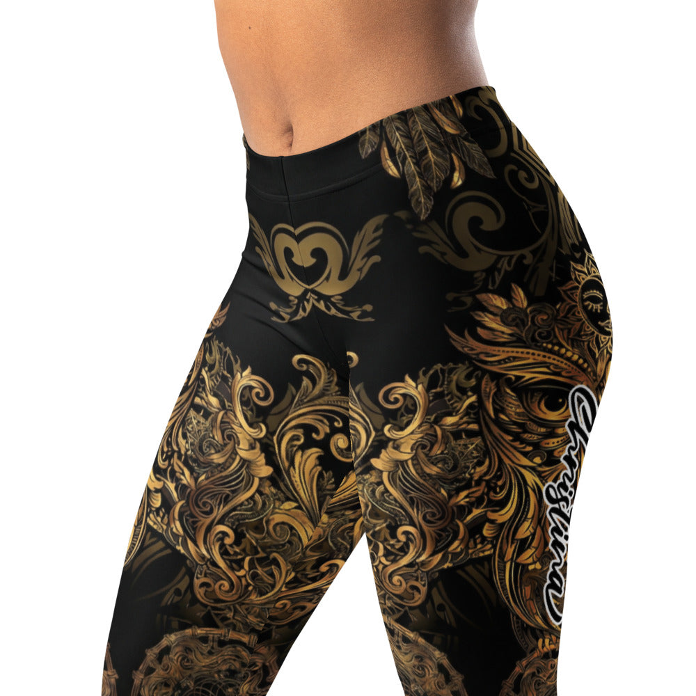 Personalisierte Damen Sportleggings Schwarz Gold Ornament Design Fitness Yoga Leggings Traumfänger Muster U603