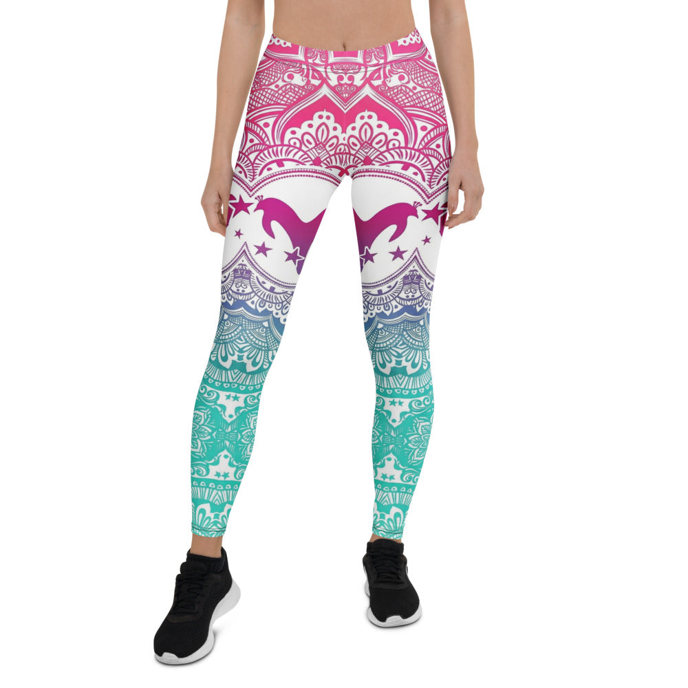 Personalisierte Damen Yoga Leggings Mandala Design Farbverlauf Pink Blau Türkis Sport Fitnesshose I293