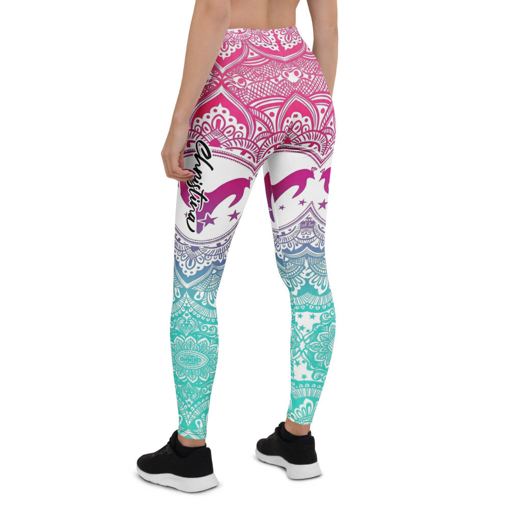 Personalisierte Damen Yoga Leggings Mandala Design Farbverlauf Pink Blau Türkis Sport Fitnesshose I293