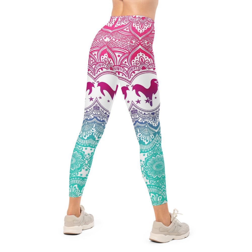 Personalisierte Damen Yoga Leggings Mandala Design Farbverlauf Pink Blau Türkis Sport Fitnesshose I293